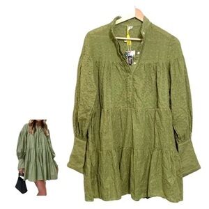 Women's Bohemian Floral Print Button Down Long Lantern Sleeve Shift Tunic Dress